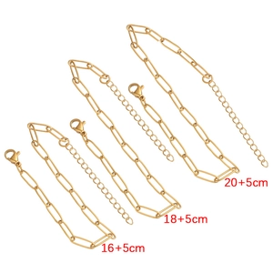 Detailed view of gold paperclip chain bracelets in 16cm, 18cm, and 20cm lengths