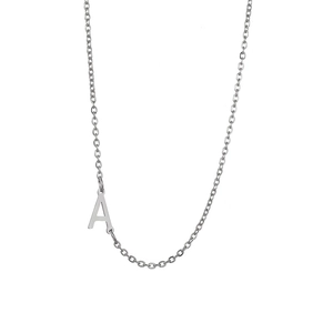 Minimalist stainless steel necklace with silver-tone letter A pendant on a white background