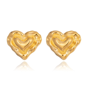 Detailed view of golden heart earrings with unique liquid metal lava texture on white background