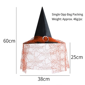 Halloween witch hat with orange spiderweb veil and silver buckle, height 60cm