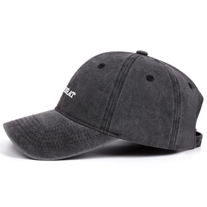 Dark grey washed cotton baseball cap with side embroidery and a vintage distressed look