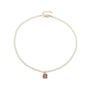 Elegant pearl necklace with red and green plaid Christmas gift box pendant and gold clasp