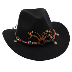 Vintage black western cowboy hat featuring ethnic style colorful bead and shell trim