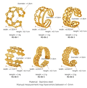 Detailed size and weight chart for six 18K gold plated hollow floral stainless steel rings