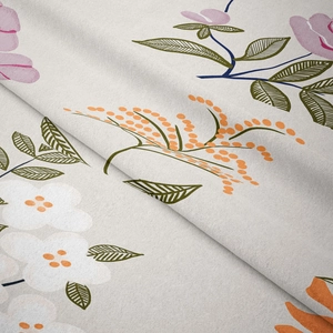 Detailed macro view of soft floral fabric texture showing high-quality print and fiber detail