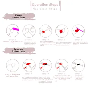 Detailed application and removal guide for almond press-on nails with tool usage steps