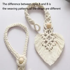 Detailed macro of handmade bohemian cotton rope curtain tiebacks with wooden beads