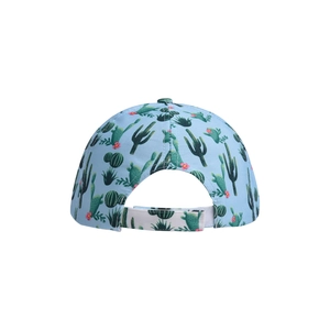 Rear view of light blue baseball cap with green cactus prints and adjustable strap