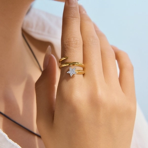Detailed view of an adjustable gold star ring featuring sparkling cubic zirconia stones