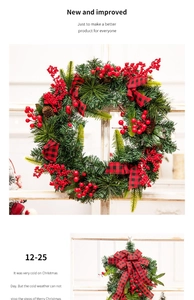 Detail of Christmas wall hanging with pine needles, red berries and red plaid bow