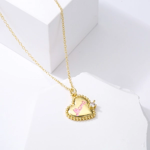 18K gold plated necklace with heart MAMA pendant and pink enamel cubic zirconia
