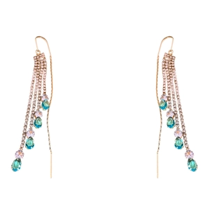 Elegant gold tassel earrings with cascading green and purple crystals in a mirrored layout