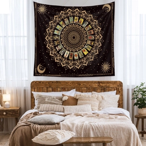 Bohemian black gold moon phase tarot tapestry hanging on bedroom wall for home decor