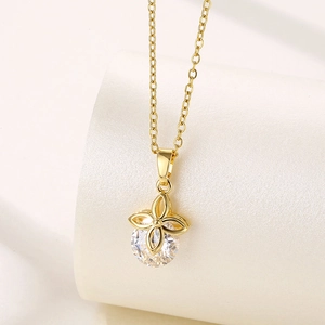 Stainless Steel Clover Pendant Necklace Zircon Crystal Inlaid Gold Plated Elegant Jewelry For Women