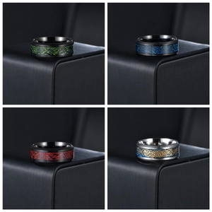 Men's titanium steel Celtic dragon pattern rings in four colors: black, blue, red and silver