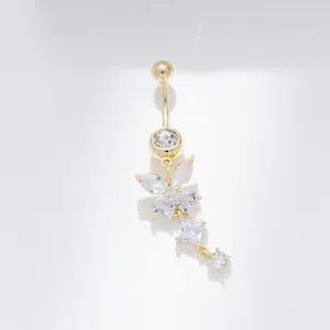 Golden butterfly belly button ring featuring AAA clear cubic zirconia stones on white background
