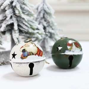 Christmas round metal bells with Santa and Snowman patterns and star cutouts for decor