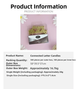 Golden Happy Birthday cake candle specifications with dimensions 9x8.5cm and 28g weight
