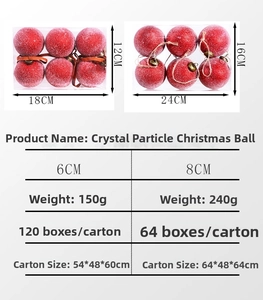 Close-up of red Christmas baubles with white crystal grain texture in 6cm and 8cm sizes