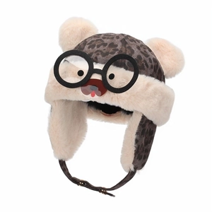 Detail of plush bear winter hat for kids with leopard print ears and cute glasses