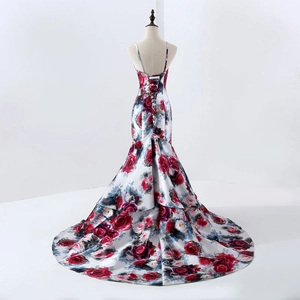 Floral satin mermaid evening gown with thin straps and elegant long train back view