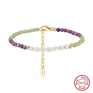 S925 Sterling Silver Natural Freshwater Pearl Lepidolite Peridot Beaded Bracelet Women Minimalist 14K Gold Plated Jewelry