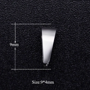Macro view of 9x4mm silver-toned stainless steel pinch bails for DIY jewelry making