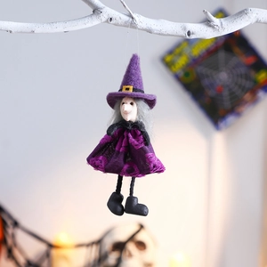 Halloween hanging witch doll with purple felt hat and dress on white branch decoration