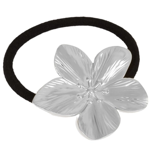 304 stainless steel silver flower hair tie with black elastic cord on white background