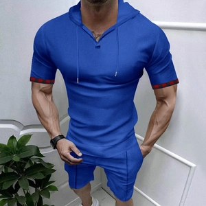 Men's blue waffle knit hooded t-shirt and shorts set with red plaid sleeve details