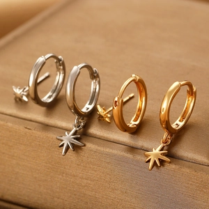 Macro di orecchini a cerchio con ciondolo a stella in oro e argento su portagioie