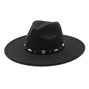 Classic black wide-brim wool felt jazz hat with silver rivets and leather band decoration