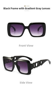 Detail view of square black sunglasses with purple gradient lenses and chain temple design