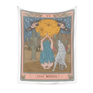 Detail of The Moon tarot card tapestry with bohemian illustration and mystic design