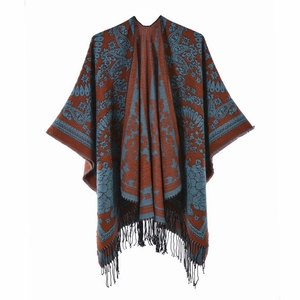 Vintage paisley pattern bohemian knit poncho wrap with decorative fringe for women