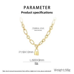 Detailed size chart showing dimensions of the gold stainless steel chain and lock pendant
