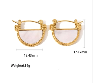 Vintage D-Shape Hoop Earrings 18K Gold Plated Stainless Steel With White Mother Of Artificial Pearl Inlay Elegant Jewelry For Women