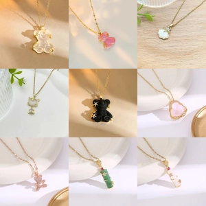 Stainless Steel Necklace With Resin Bear And Zircon Animal Pendant Fashion Jewelry For Women Daily Wear Lightweight