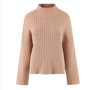 Chic mauve high-neck knit sweater with vertical ribbed texture and drop shoulder design