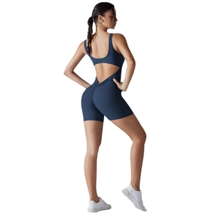Sexy V-waist backless yoga romper in navy blue with scrunch butt lifting detail