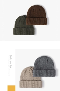 Detail showing cable knit texture and four classic colors of thick winter beanies