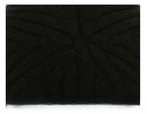 Detailed close-up of the reinforced stitching on top of the black winter knit beanie
