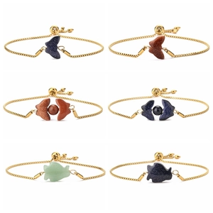 Stainless Steel Bracelet Butterfly Penguin Fish Natural Stone Goldstone Pendant Adjustable Slider Box Chain Jewelry