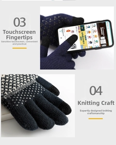 Detail of touchscreen conductive fingertips and non-slip palm grip on navy knit gloves