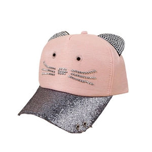 Pink cat ear baseball cap for girls with glitter brim and metal ring accents