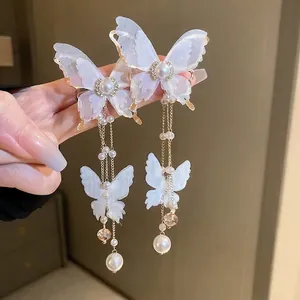 Butterfly Tassel Earrings With 925 Sterling Silver Earring Post Necklace Alloy Rhinestone Faux Artificial Pearl Mesh Wings Jewelry
