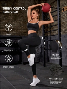 Detail of high-waisted seamless leggings showing tummy control and hip lift sculpting features