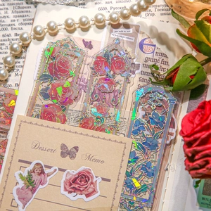 Embossed floral PVC bookmarks with holographic gold stamping and vintage rose designs