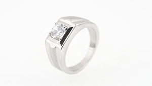 Detailed view of a silver stainless steel ring with a large square-cut centerpiece stone