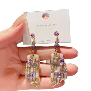 Elegant S925 silver square purple crystal drop earrings with sparkling rhinestones
